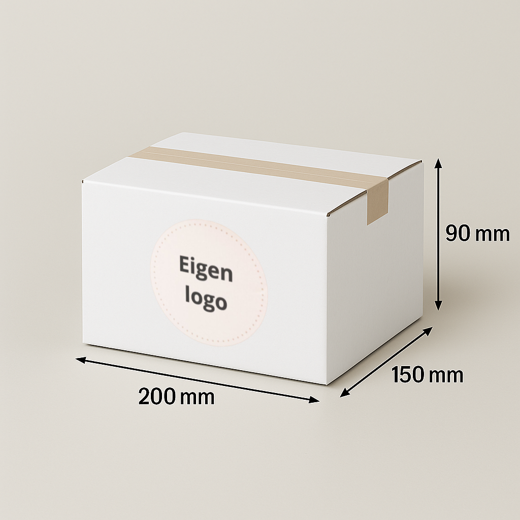 Witte kartonnen doos met tape en een label met de tekst 