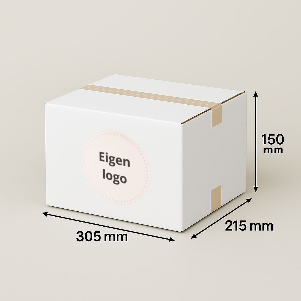 Witte kartonnen doos met afmetingen aangegeven en een rond label met het 