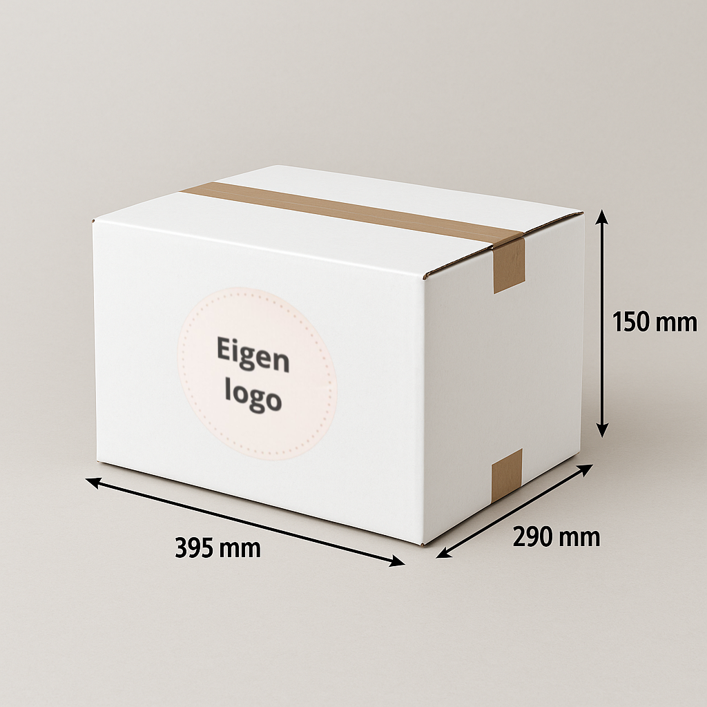 Witte doos met afmetingen, tape en een logo-placeholder; 395 x 290 x 150 mm.