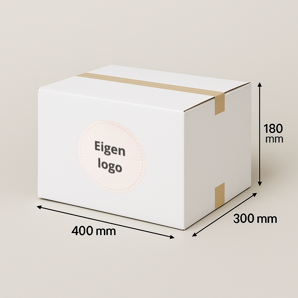 Kartonnen doos met de volgende afmetingen: 400 mm x 300 mm x 180 mm. Voorzien van een rond logo-etiket.