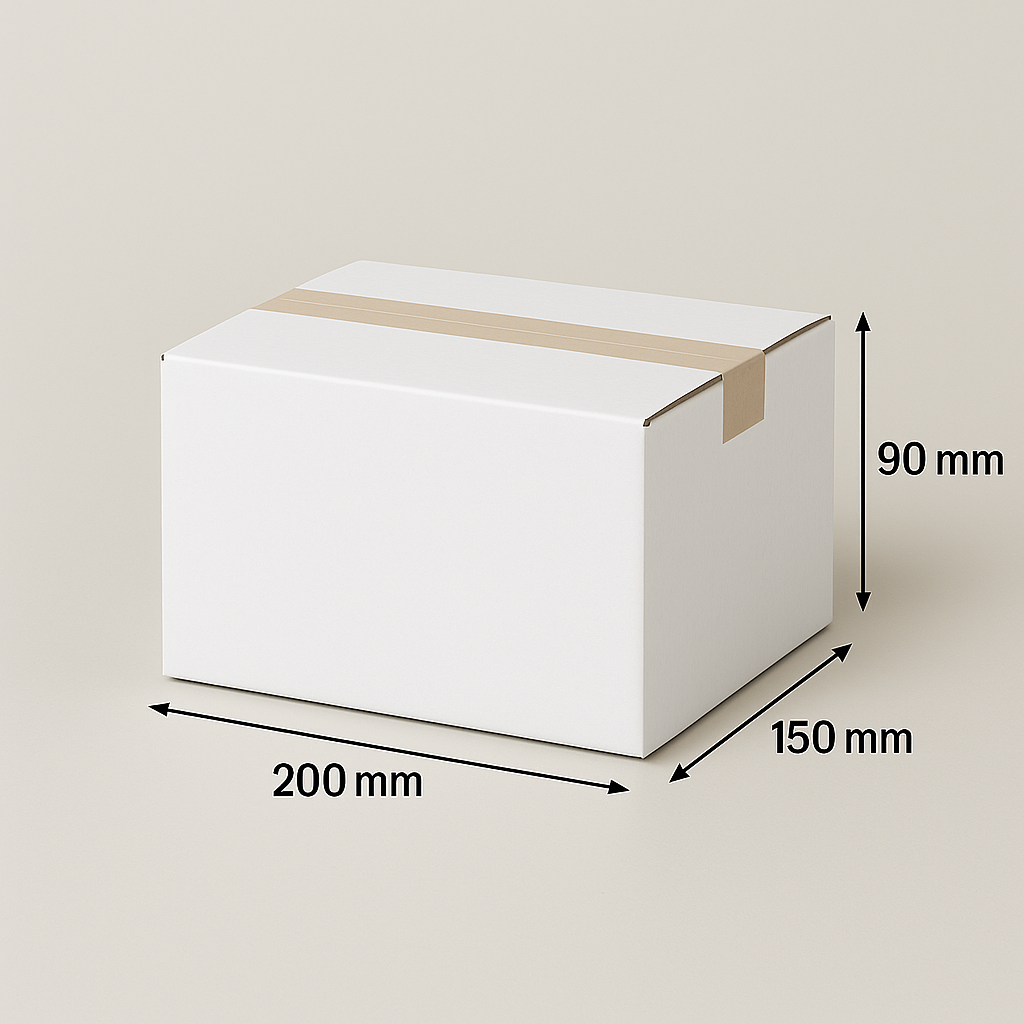 Witte kartonnen doos, dichtgeplakt met plakband, afmetingen: 200x150x90mm.