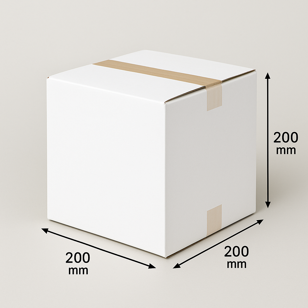 Witte vierkante kartonnen doos, dichtgeplakt met plakband, afmetingen 200 mm x 200 mm x 200 mm.