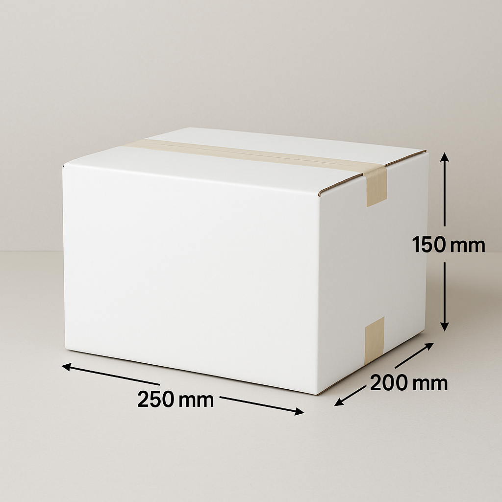 Witte kartonnen doos met afmetingen van 250 mm x 200 mm x 150 mm.