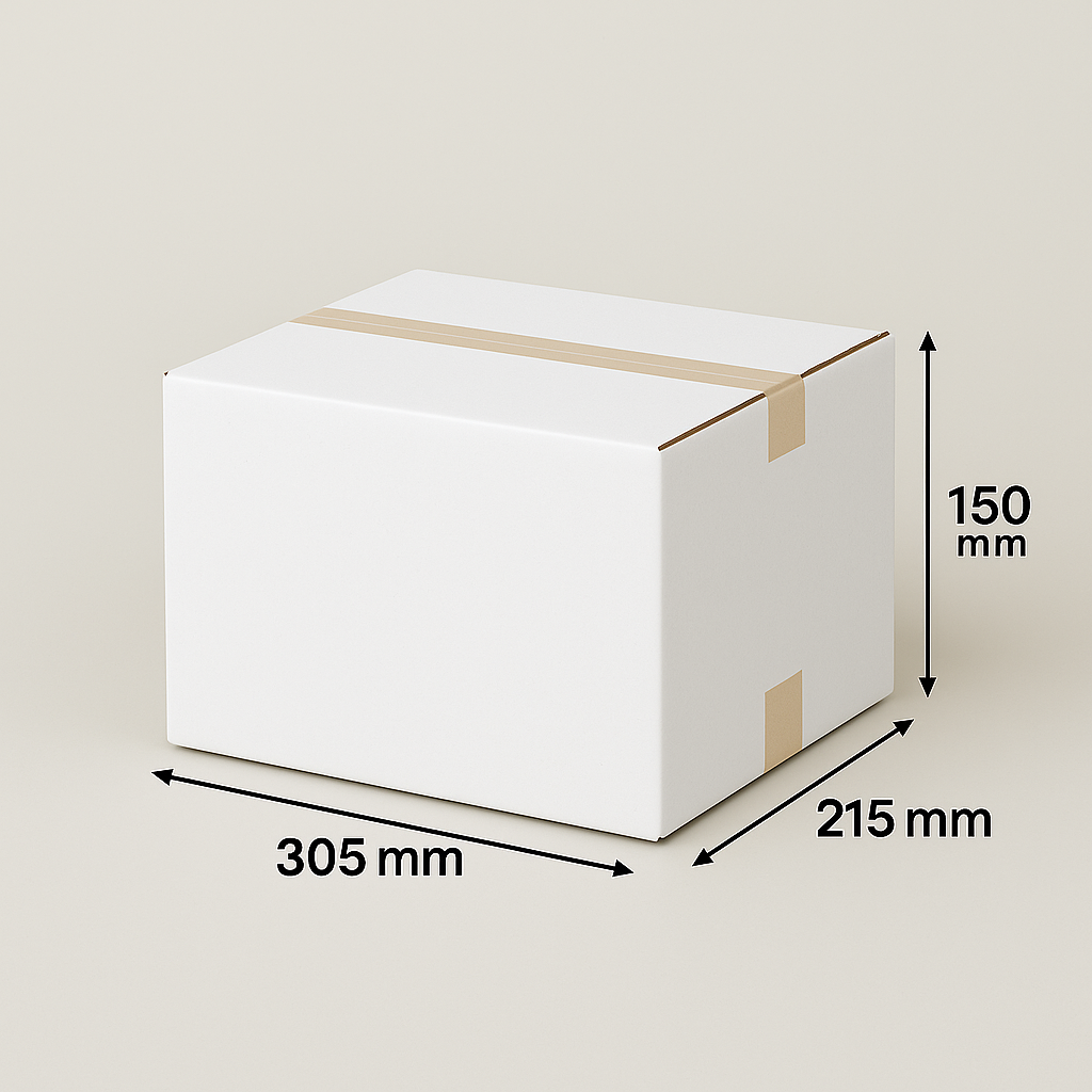 Witte kartonnen doos met afmetingen 305 mm x 215 mm x 150 mm, dichtgeplakt met tape.
