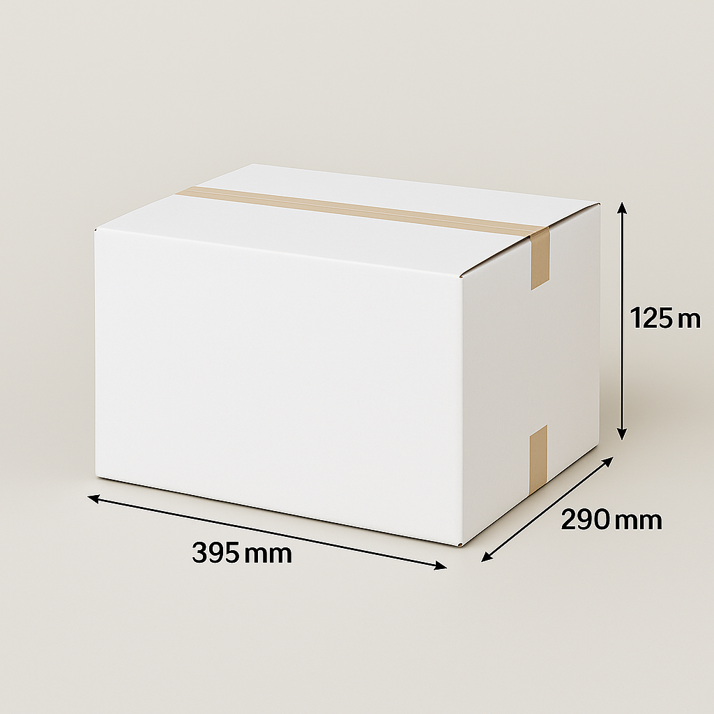 Witte kartonnen doos met tape, gemarkeerd met de afmetingen: 395 mm x 290 mm x 125 mm, op een neutrale achtergrond.