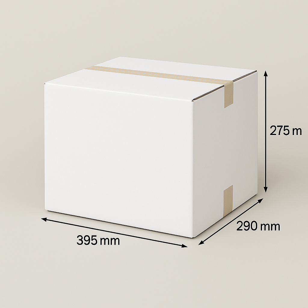 Witte kartonnen doos met de afmetingen: 395 mm x 290 mm x 275 mm, dichtgeplakt met plakband.