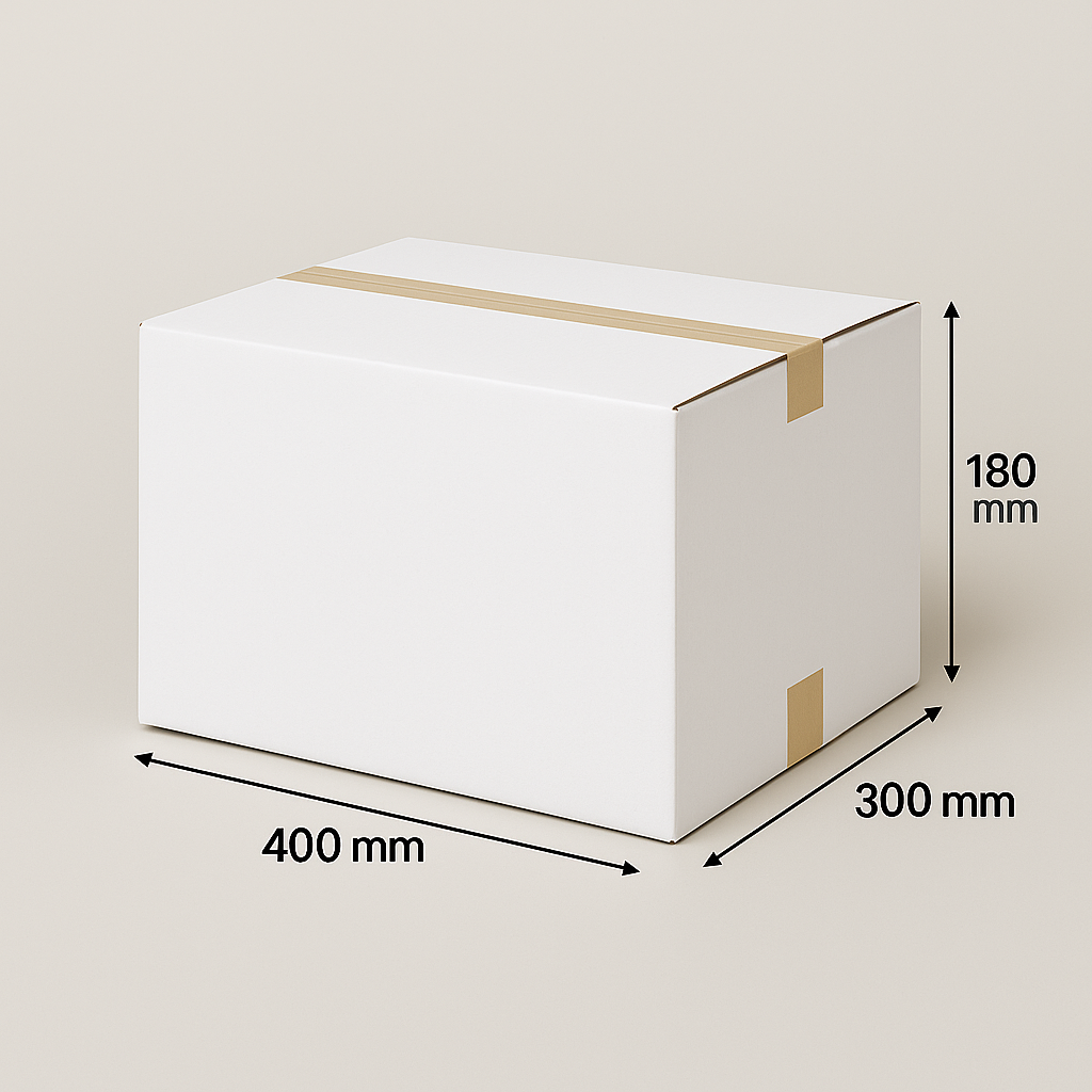 Witte kartonnen doos met de afmetingen 400 mm x 300 mm x 180 mm, vastgezet met plakband.