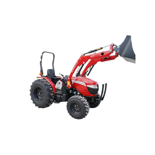 Red McCormick tractor with a front-end loader on a white background.