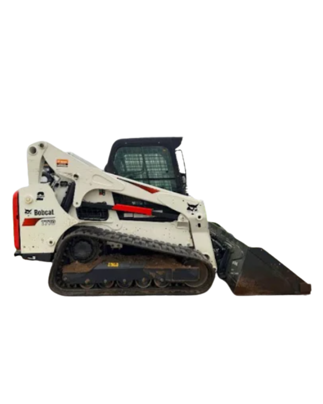A bobcat track loader with a bucket on a white background.