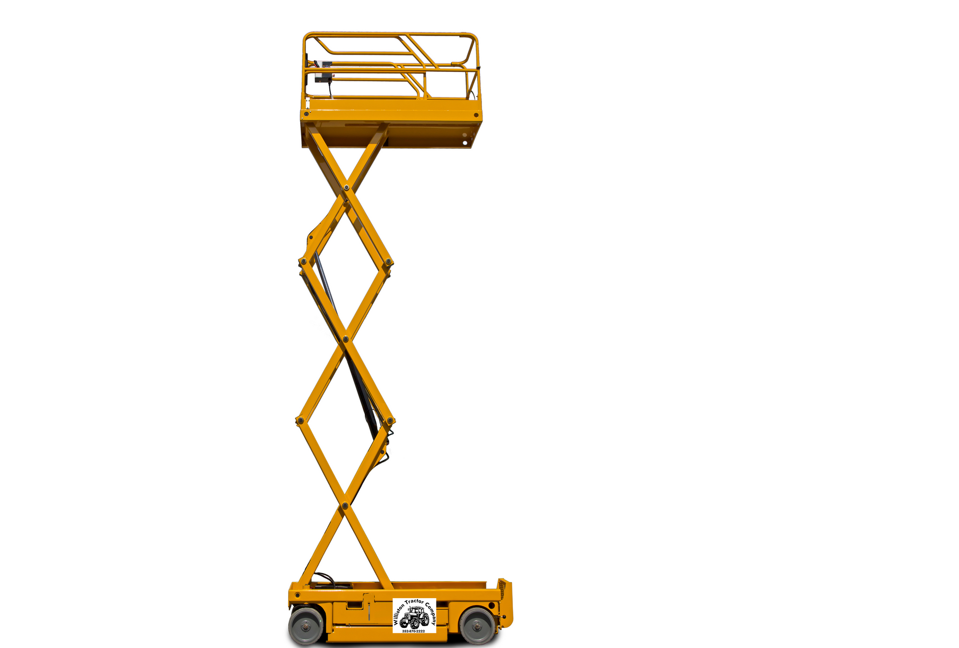 A yellow scissor lift is sitting on top of a white surface.
