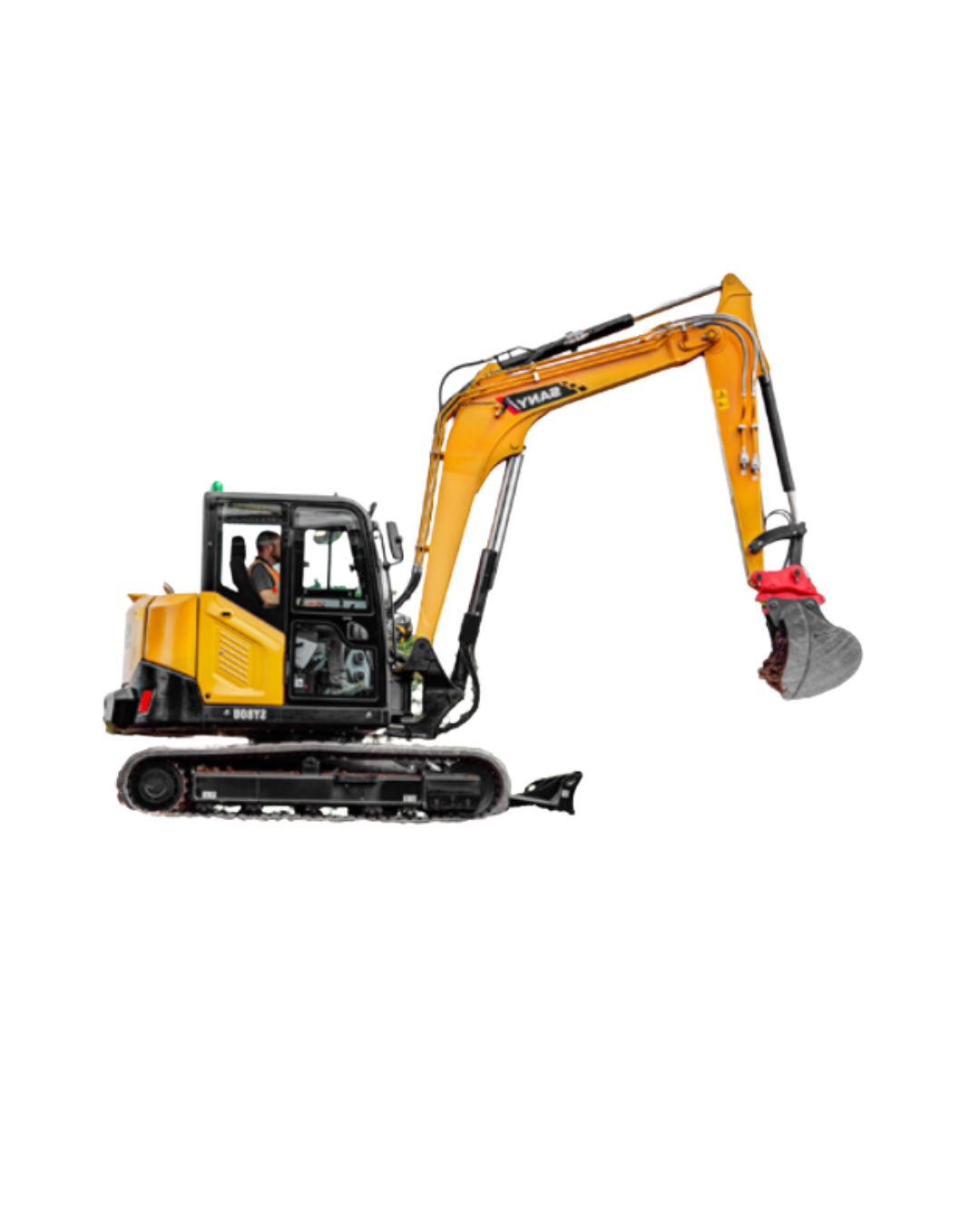 A yellow excavator with a red bucket on a white background.