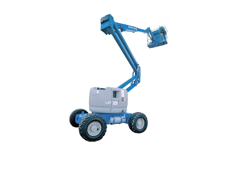 A blue and gray aerial lift with wheels on a white background.