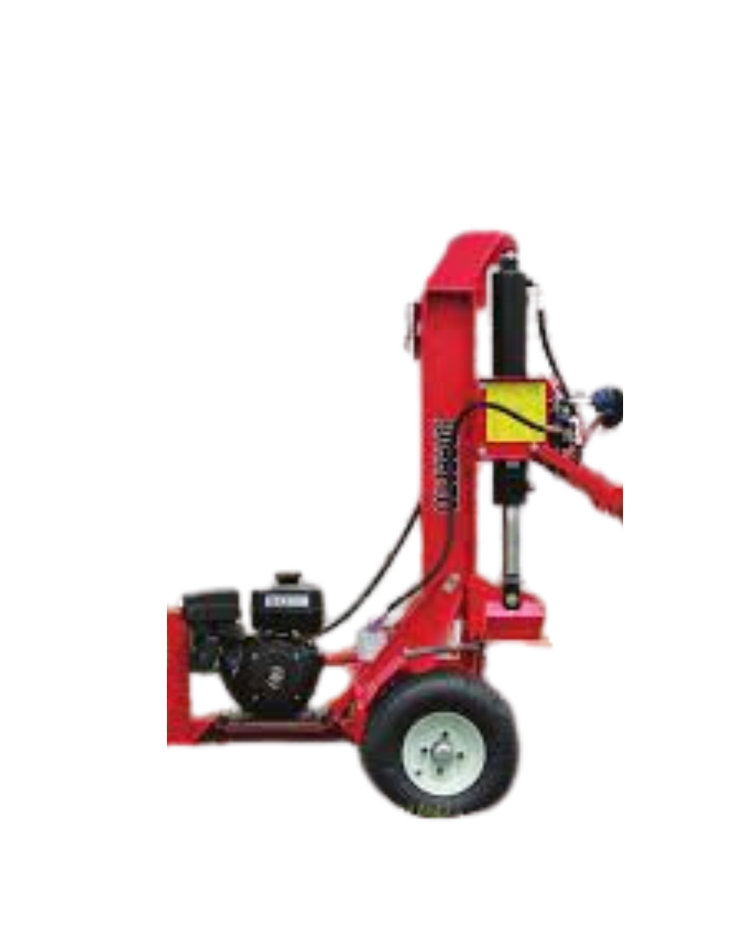 A red wood splitter with wheels and a motor on a white background.