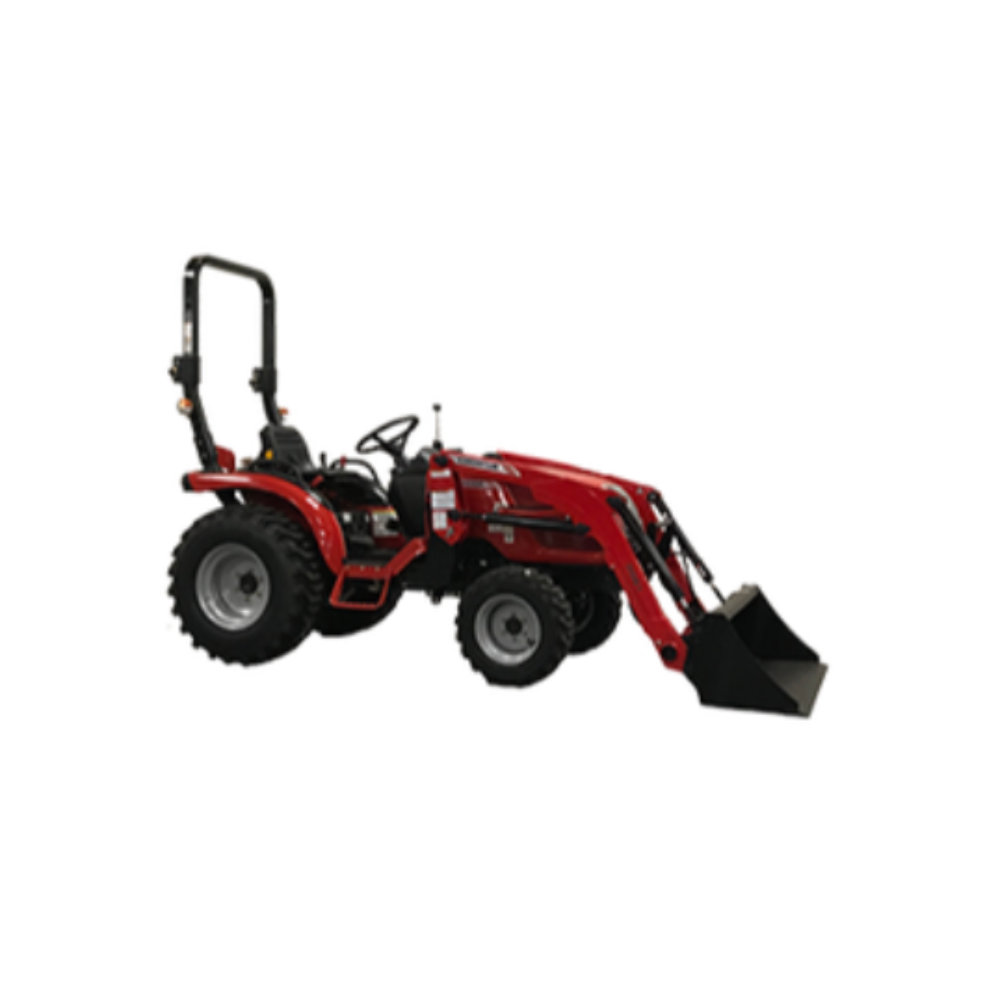 Red tractor with a front-end loader on a white background.