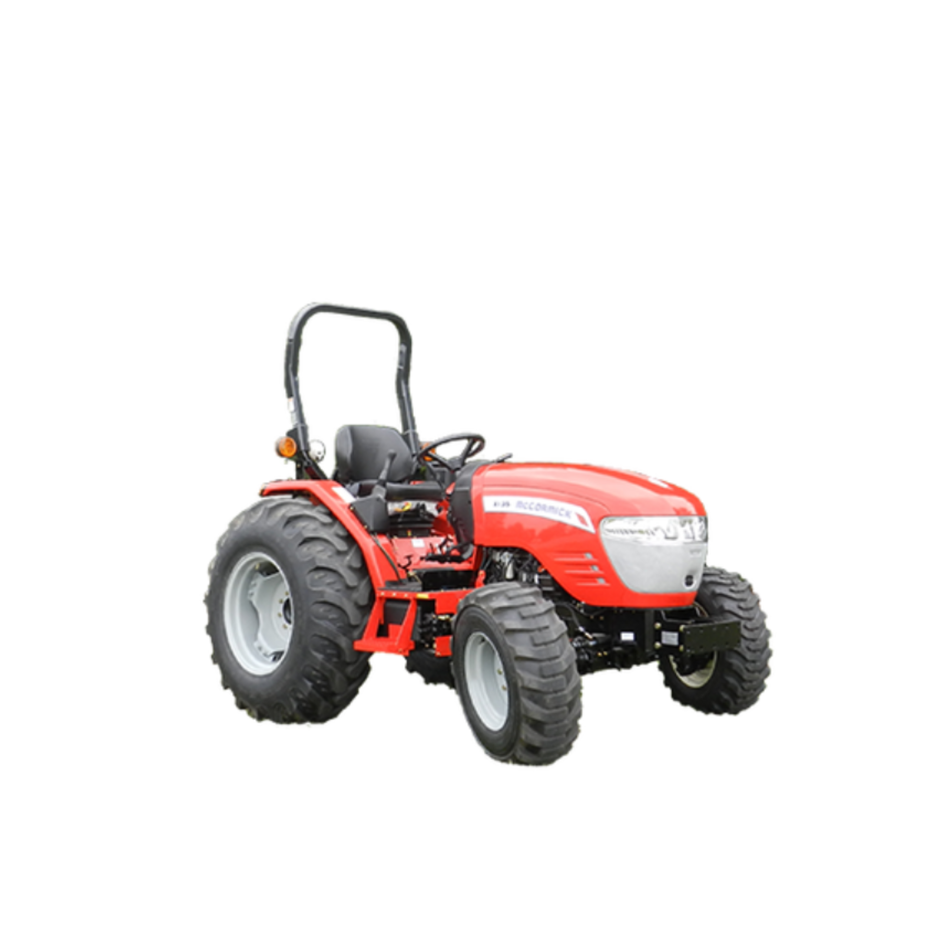 Red tractor on a white background, viewed from the side.