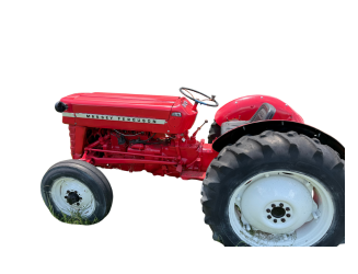 Red Massey Ferguson tractor, white wheels, set against a white background.