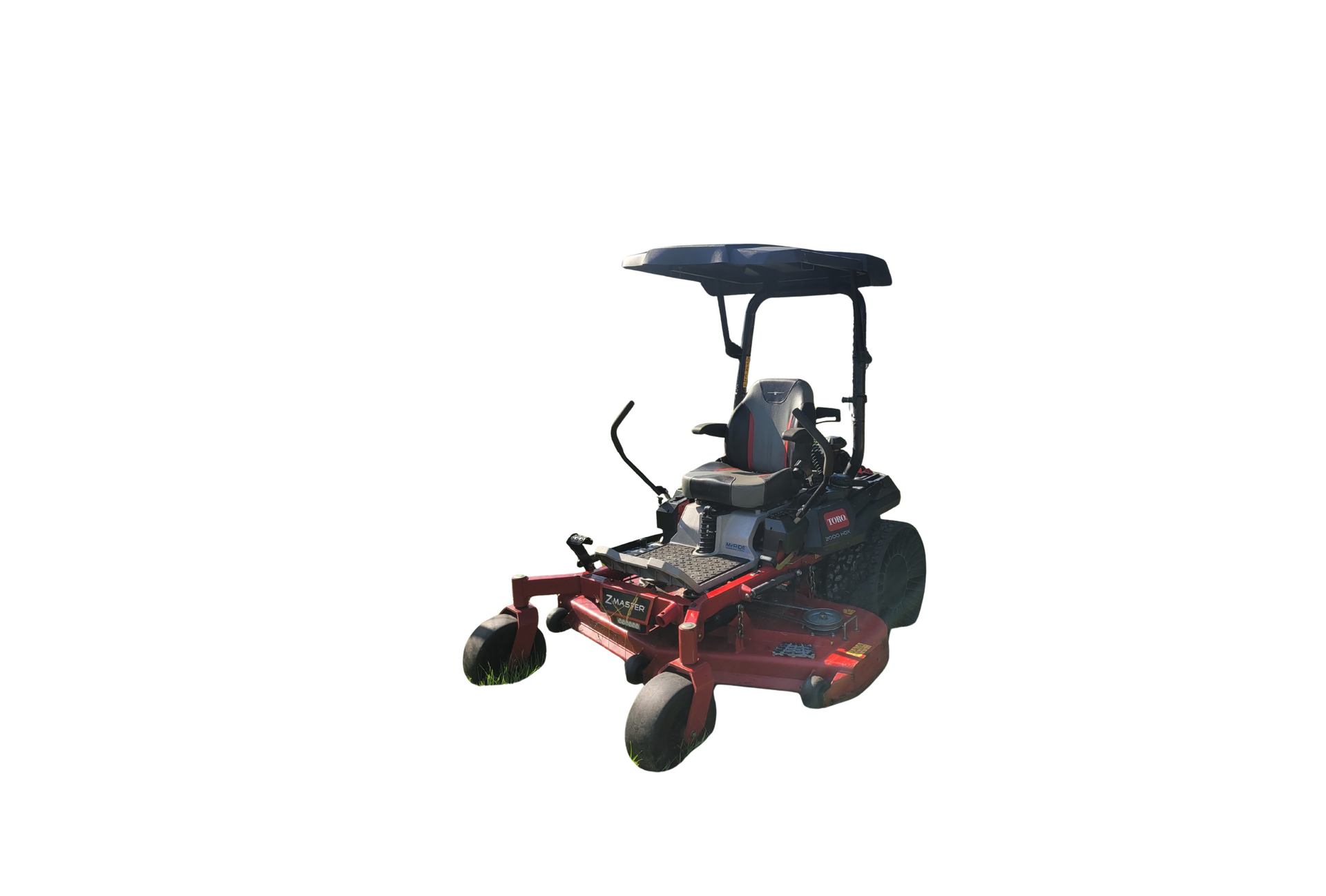 A red and black lawn mower with a canopy on a white background.
