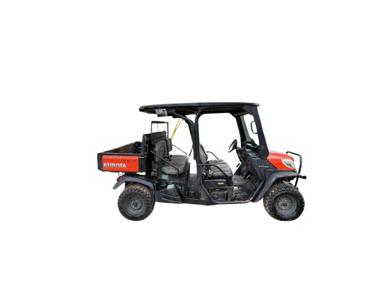 A red and black golf cart on a white background.