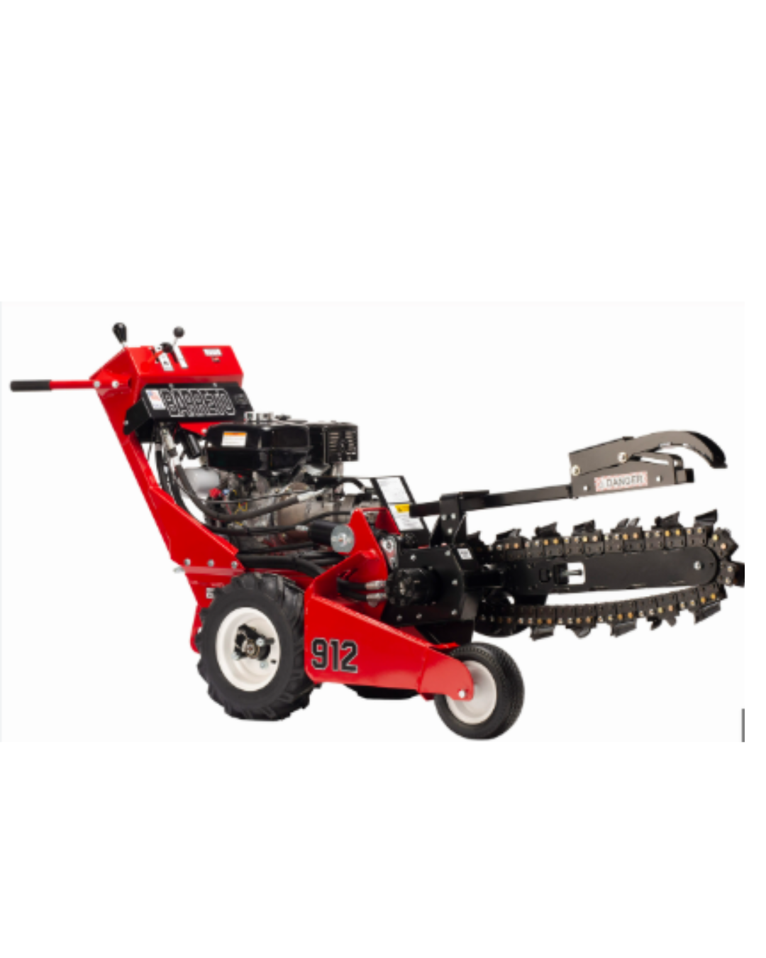 A red tractor with a chainsaw attached to it on a white background.