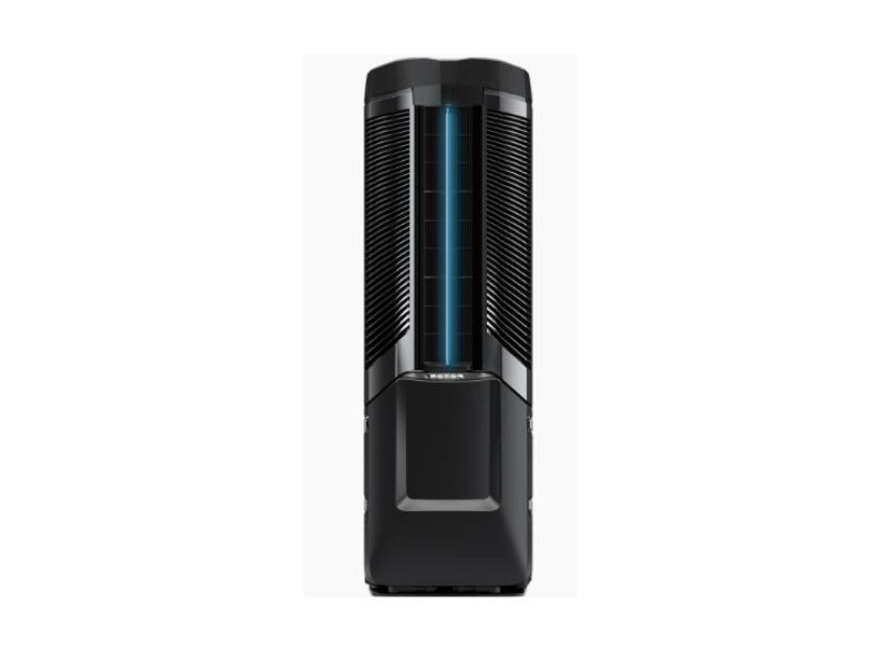 A black microphone with a blue light coming out of it on a white background.