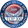 America's Top 100 High Stakes Litigators award logo with wings, year 2019, red, white, blue.