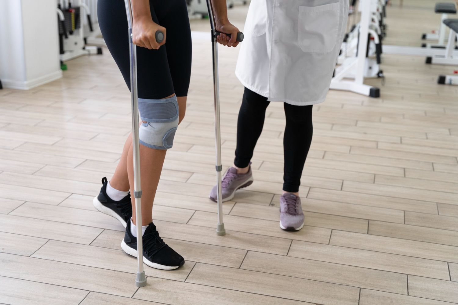 Person with knee brace using crutches, assisted by a healthcare worker, inside a physical therapy clinic.