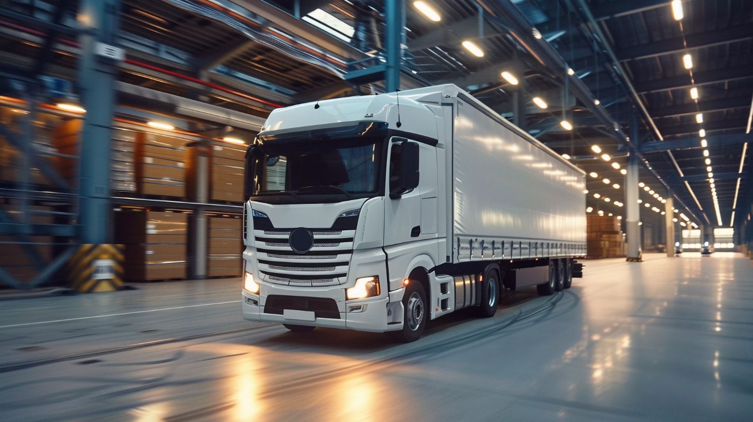 White semi-truck drives inside a large warehouse, lit by overhead lights, boxes visible on shelves.