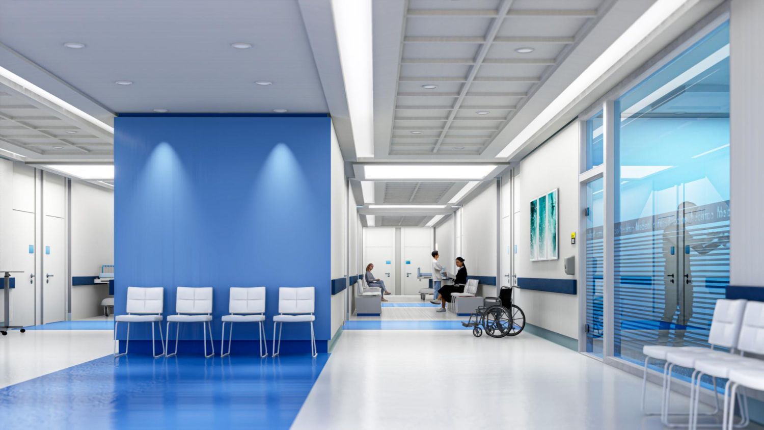 Hospital corridor with blue and white accents, featuring patients, chairs, and medical equipment.