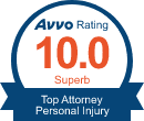 Avvo rating badge: 10.0, Superb, Top Attorney for Personal Injury, dark blue and orange.