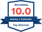 Avvo rating 10.0 badge for Jeremy J. Schiowitz, a top attorney. Blue and white with red "10.0".