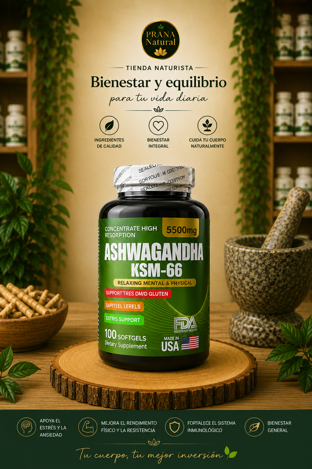 Frasco de suplemento de Ashwagandha KSM-66 en un expositor de hierbas de estilo spa, de color verde