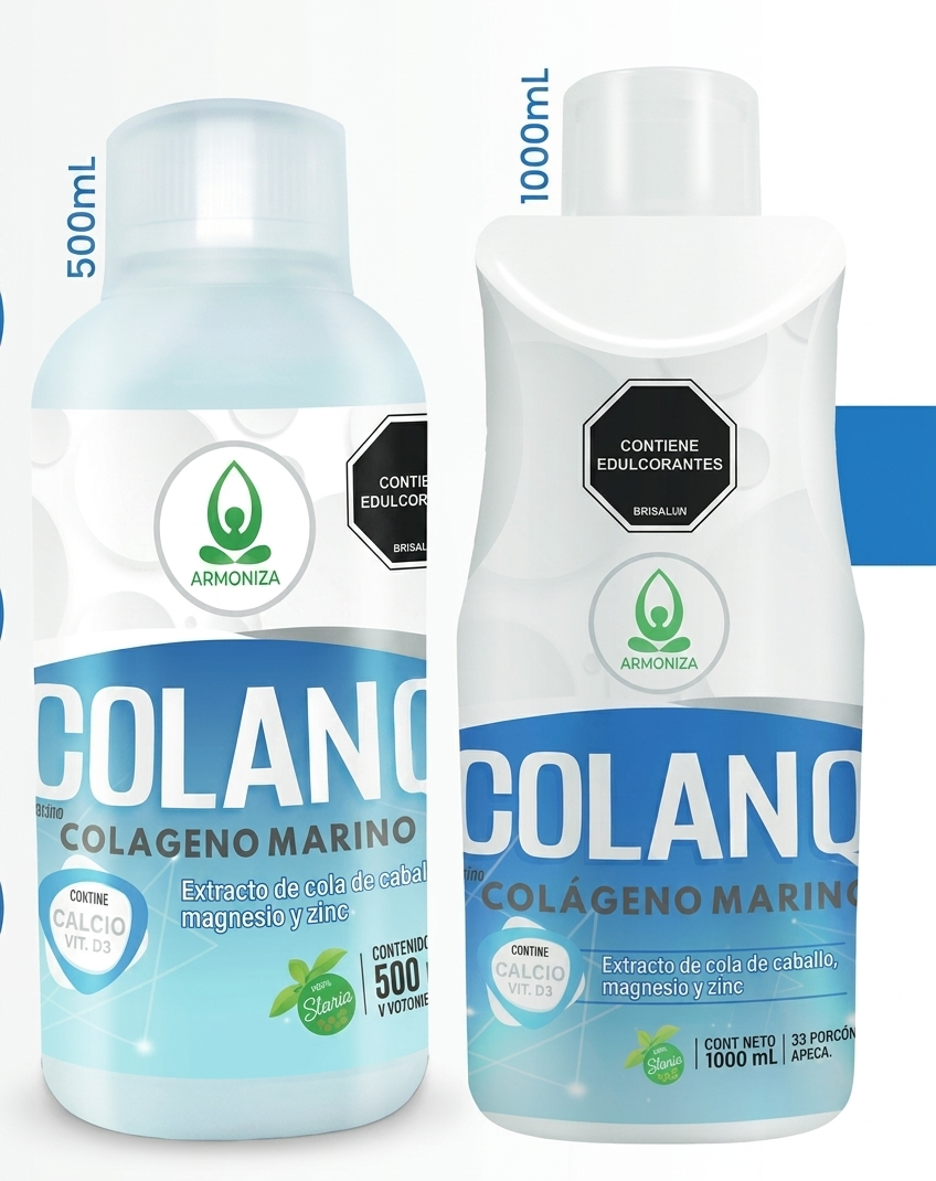 Dos frascos de suplemento de colágeno marino COLANO, uno blanco y otro azul, de 500 ml y 1000 ml.