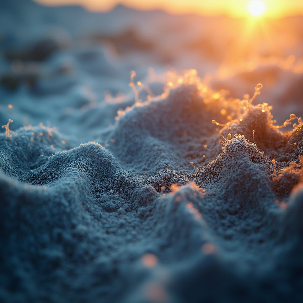 Snowy, textured landscape with a warm sunset.