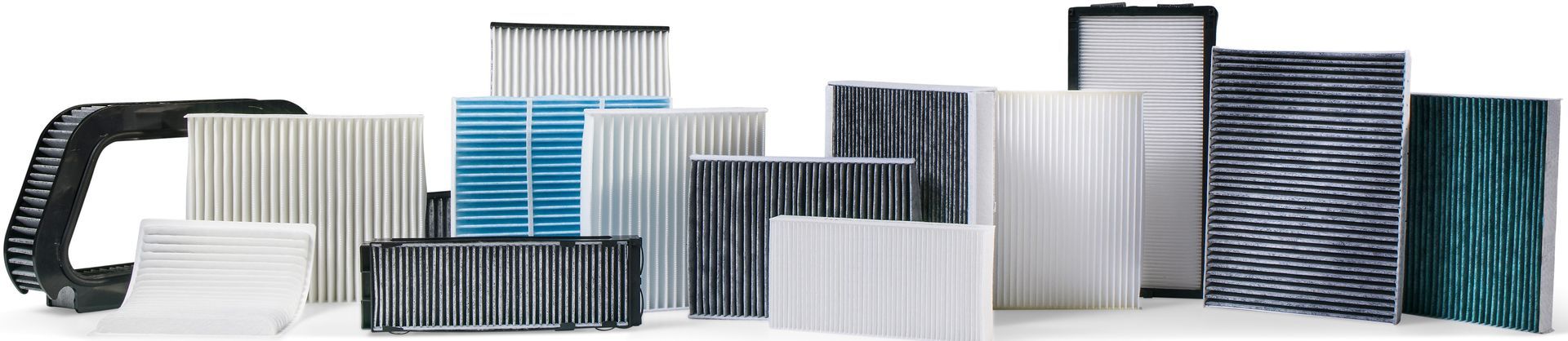 Various air filters are arranged side by side.