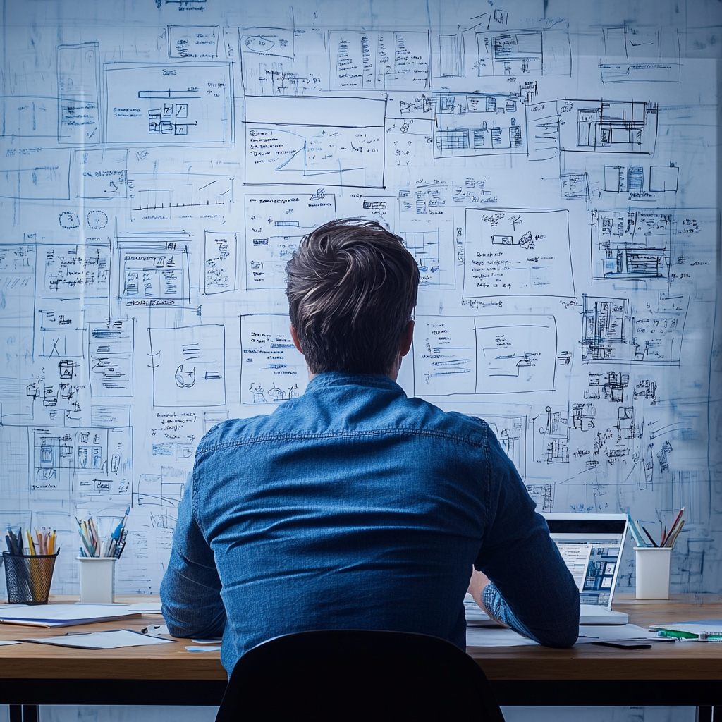 Een man zit achter een computer en houdt een kopje koffie vast.