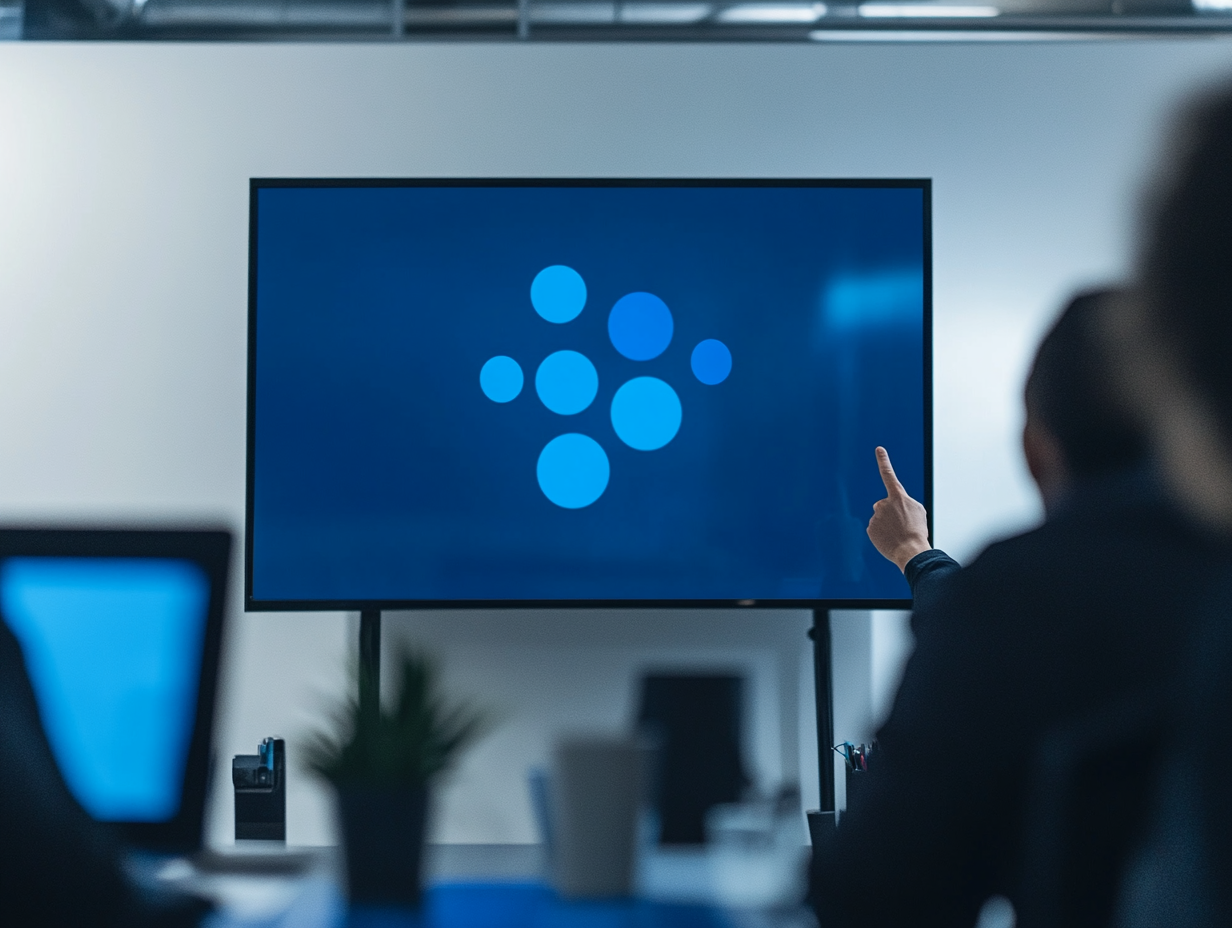 A man is pointing at a screen with circles on it.