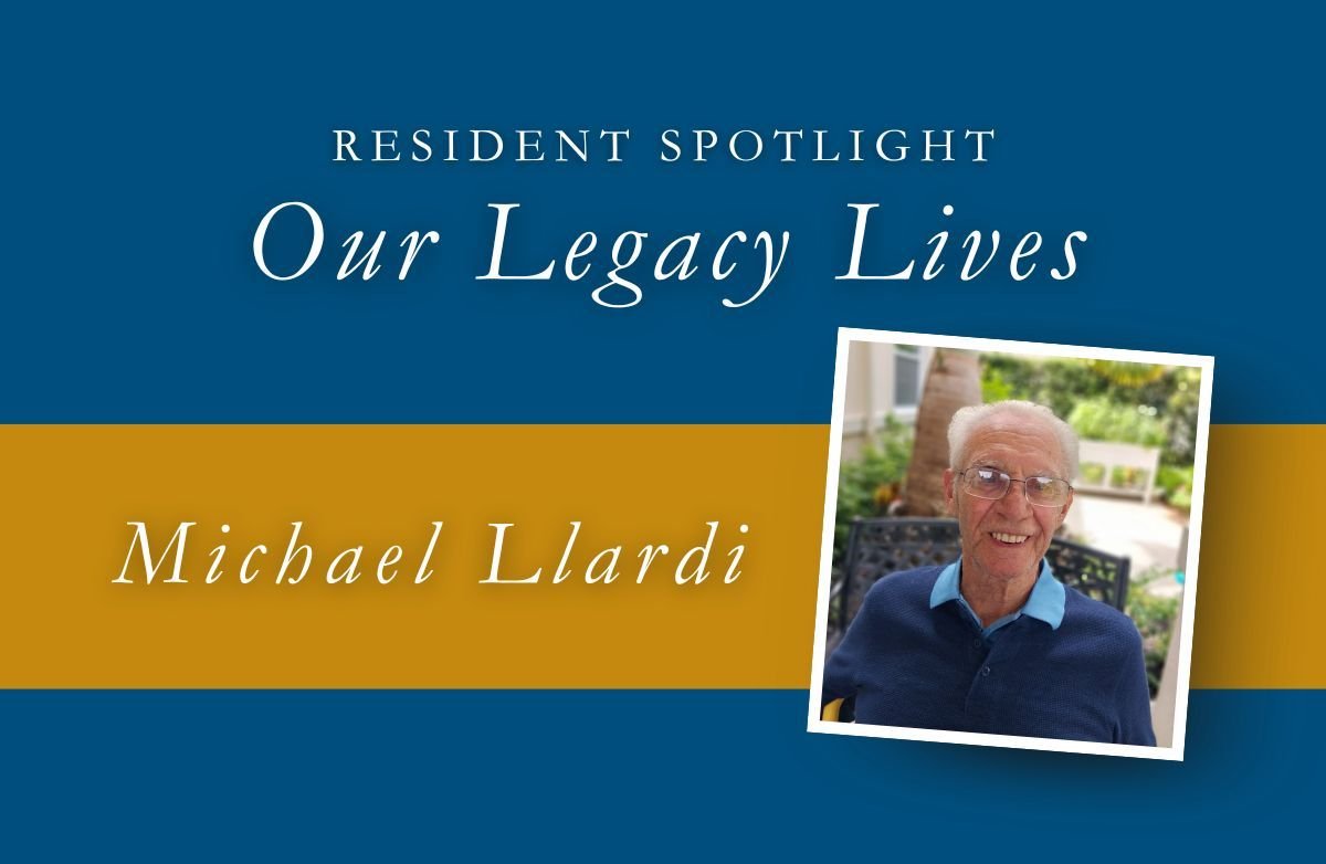 Smiling man in blue shirt, outdoors, superimposed on a blue and gold background.