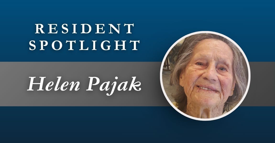 Resident spotlight banner for Helen Pajak with her portrait on a blue background