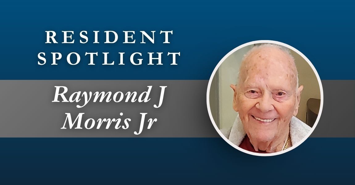 Resident Spotlight banner with Raymond J. Morris Jr. and a smiling portrait on a blue background