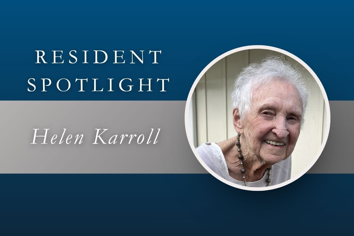 Resident Spotlight banner with Helen Karroll and a smiling portrait on a blue background