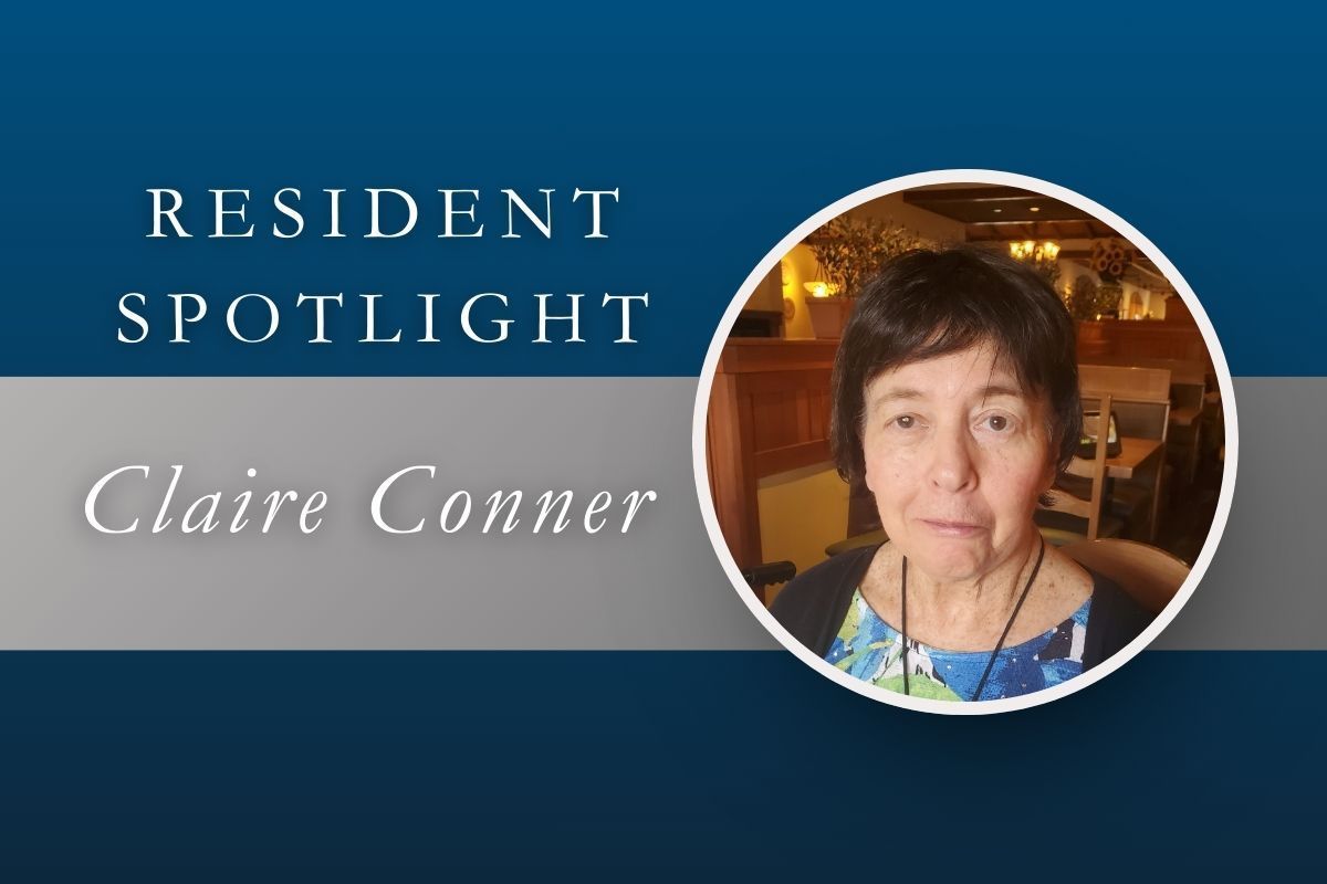 Resident Spotlight graphic featuring a headshot of Claire Conner against a blue and grey background.
