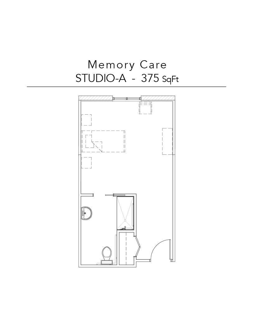 A black and white floor plan of a memory care room.