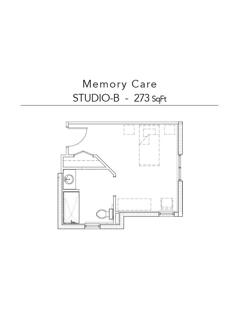 A black and white floor plan of a memory care room.