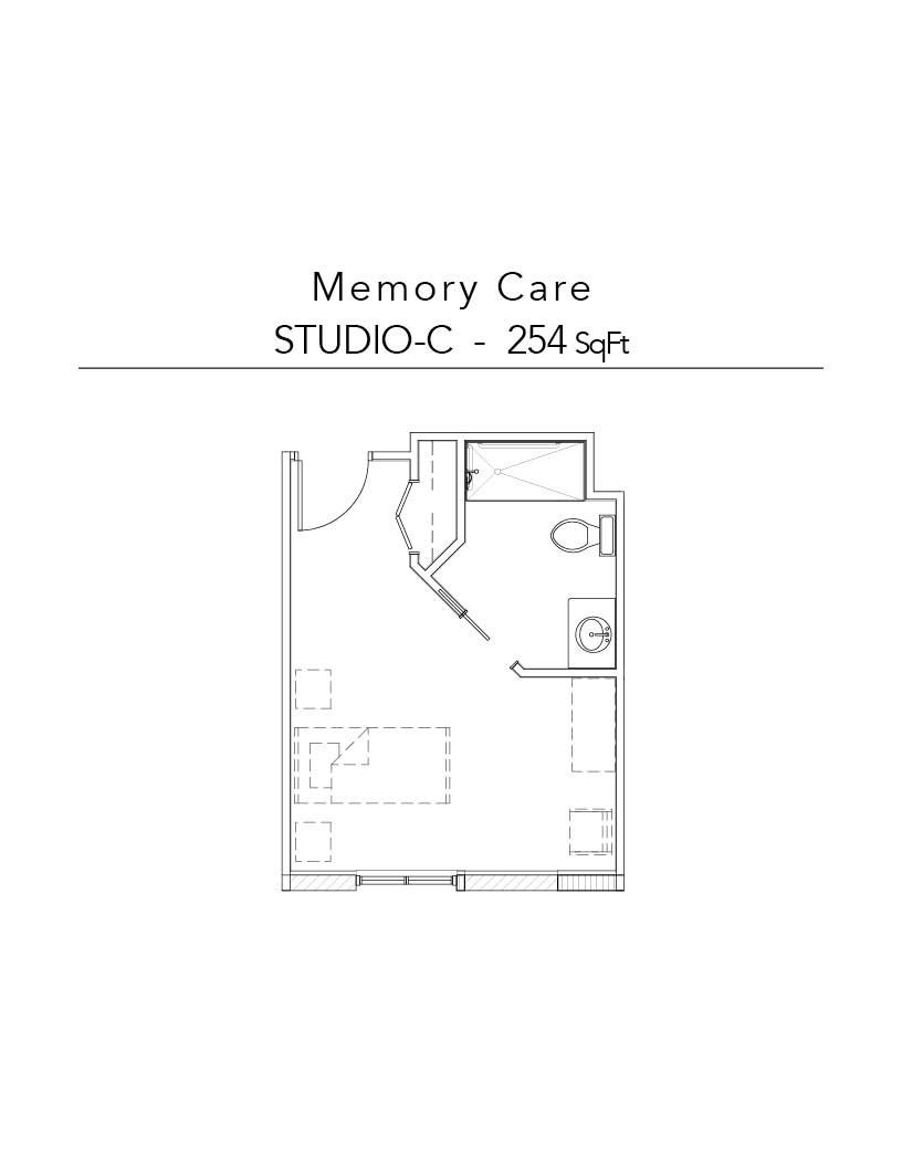 A black and white floor plan of a memory care studio.