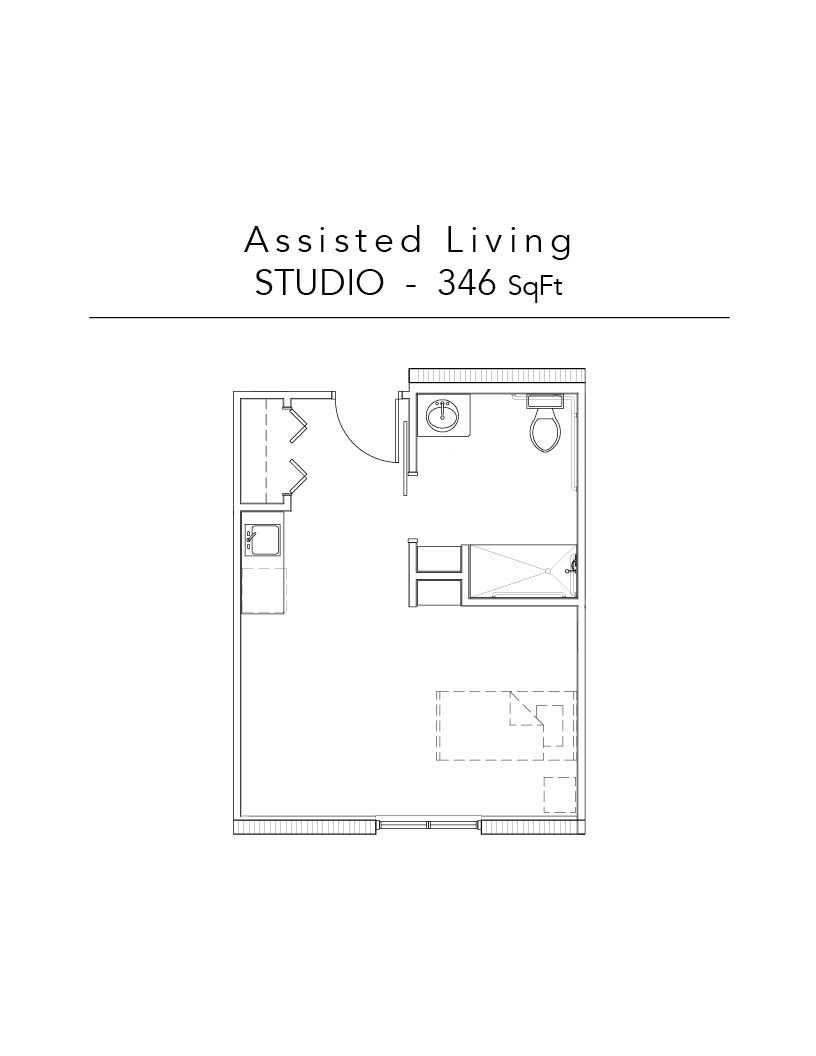 A black and white floor plan of a studio apartment.