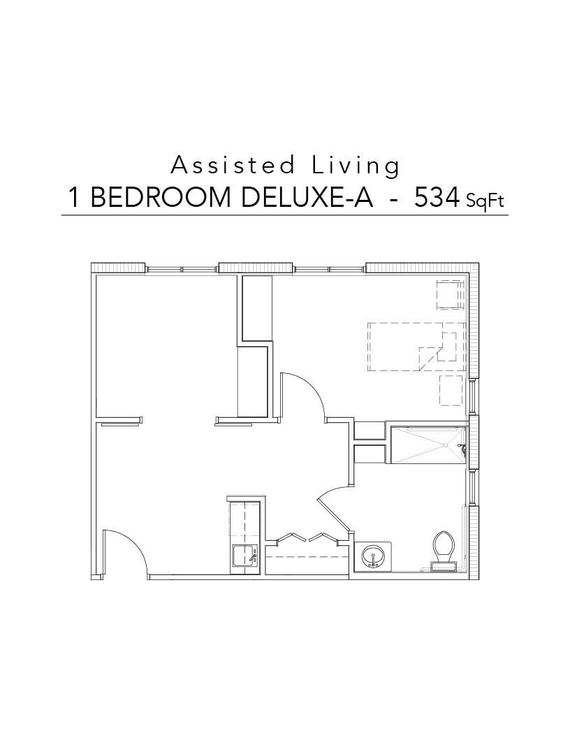 A black and white floor plan of a bedroom deluxe apartment.