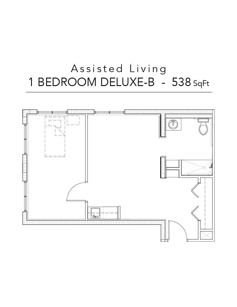 A black and white floor plan of a bedroom deluxe apartment.