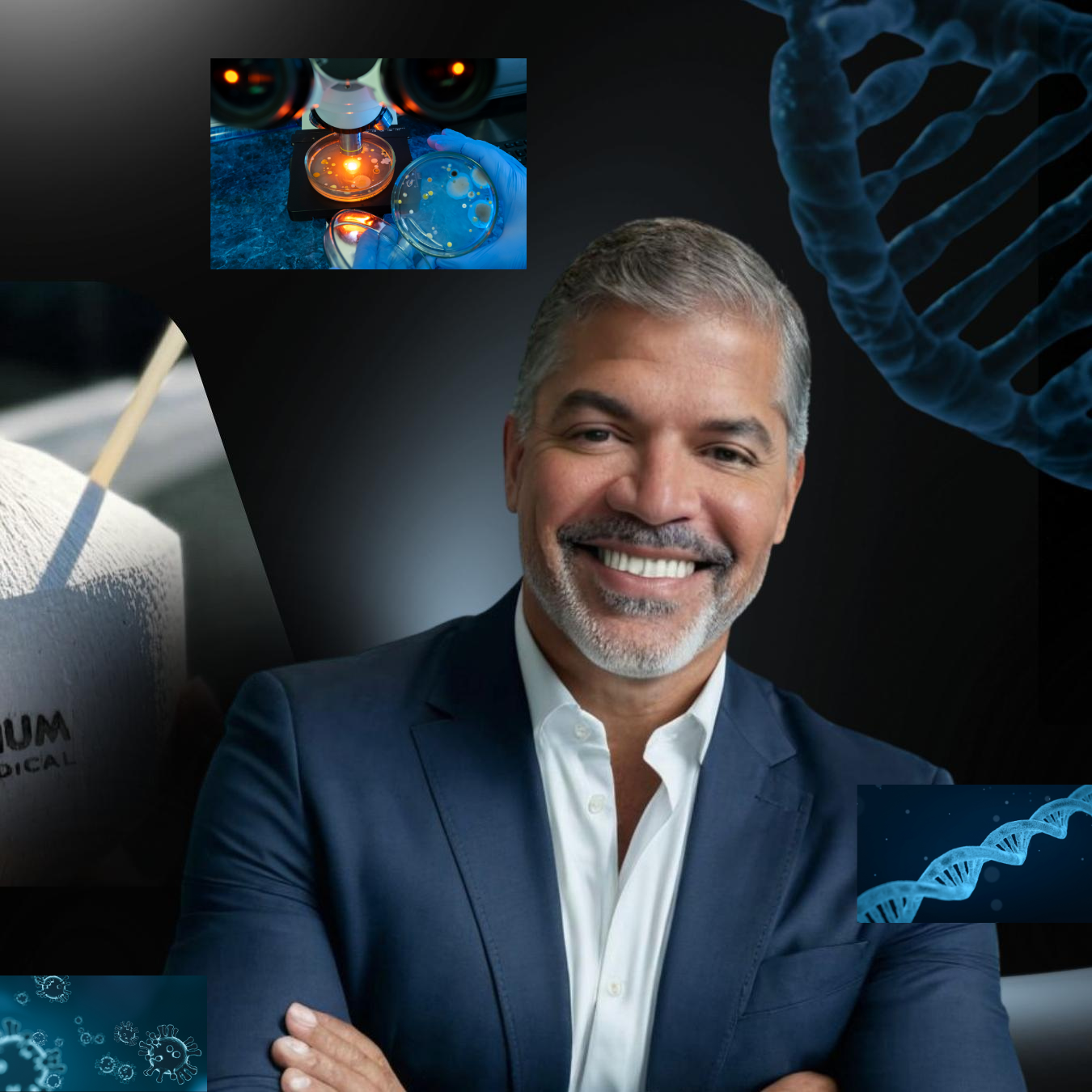 Scientist in lab coat and goggles looking into a microscope. Blue gloves, computer screen, and lab equipment visible.