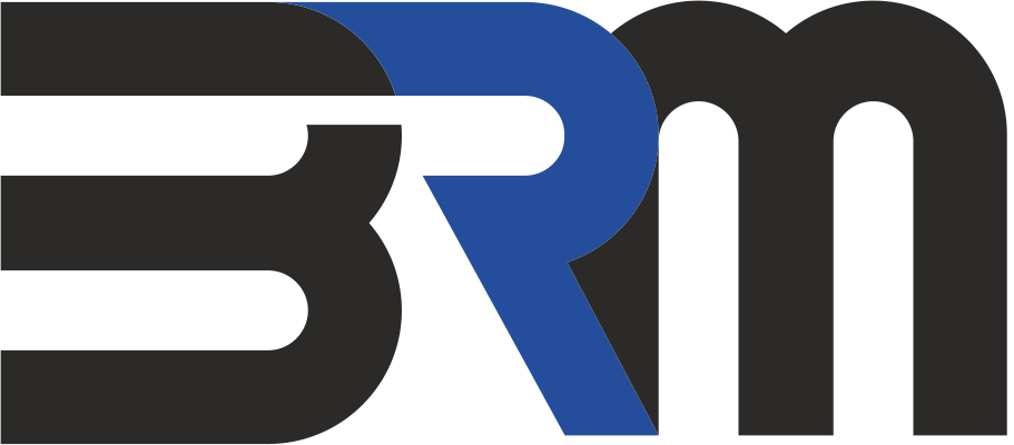a black and blue logo for a company called brm .