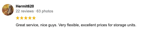 Review with 5 stars by Hermit620, praising the service and prices for storage units.